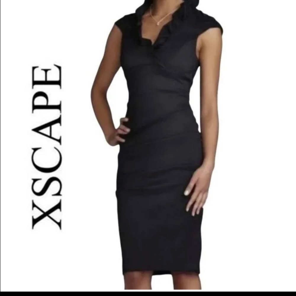 Xscape by Joanna Chen Black Ruched Cocktail Dress Ruffles